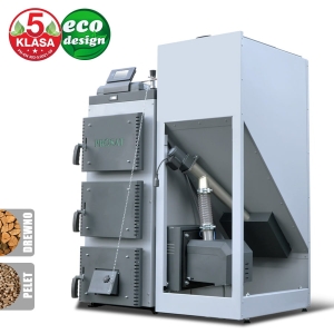 Kocioł na pellet i drewno PROSAT HYBRID DUO 15 kW z podajnikiem po prawej stronie