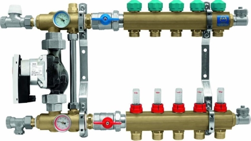 Rozdzielacz KAN - 1” z układem mieszającym i przepływomierzami - 7 obwodów grzewczych