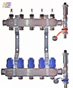 ROZDZIELACZ INOX, Z ROTAMETRAMI MAGNETETYCZNYMI, ZAWORAMI TERMOSTATYCZNYMI, ZESTAWEM ODPOWIETRZAJĄCO-SPUSTOWYM 1 50mm 3 obw