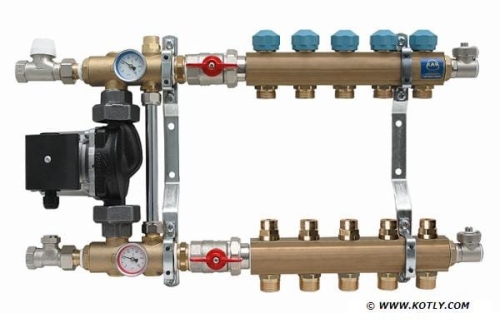 Rozdzielacz KAN - 1” z podmieszaniem i pompą - 9 obwodów grzewczych